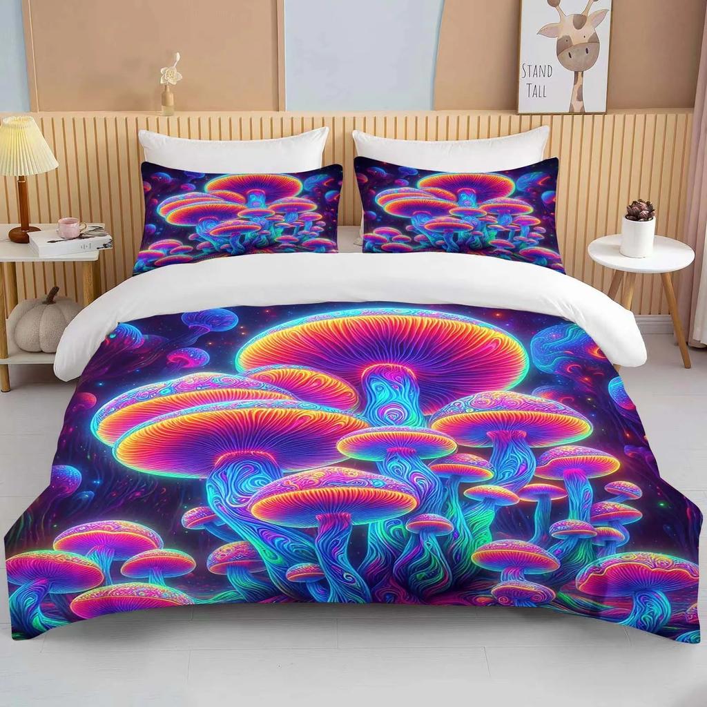 Super Vibrant Neon Psychedelic Mushrooms Print Bedding Set 1 Duvet Cover 1/2 Pillowcases Adult and Children Bedding Set Luxury