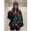 High Street American Cross Print Hooded Cardigan Jacket Autumn Vintage Heavy Loose Trend Sweater Top
