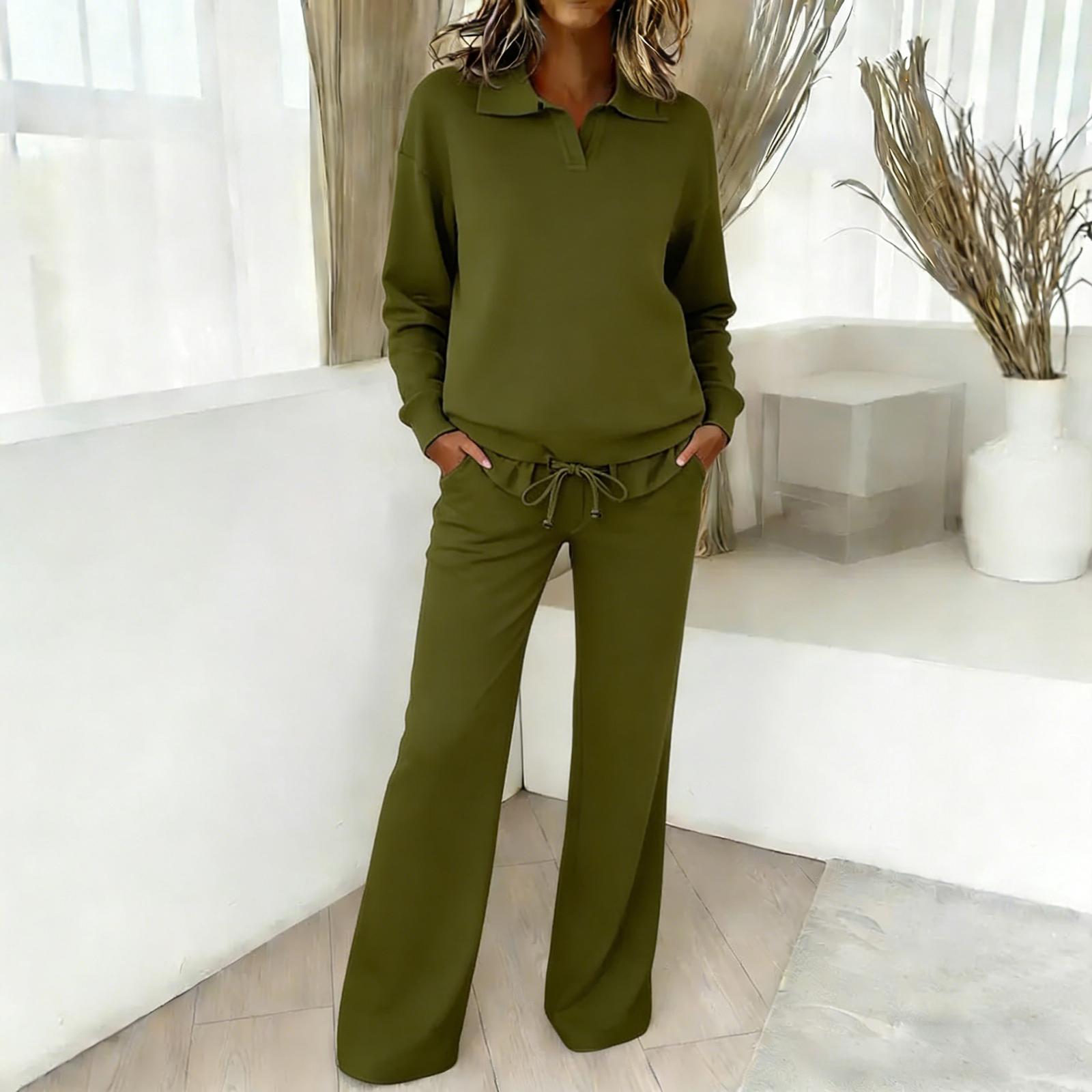 

Женский комплект из двух предметов - однотонный хлопково-льняной топ с длинным рукавом и V-образным вырезом, повседневные брюки прямого кроя L армия зеленый
