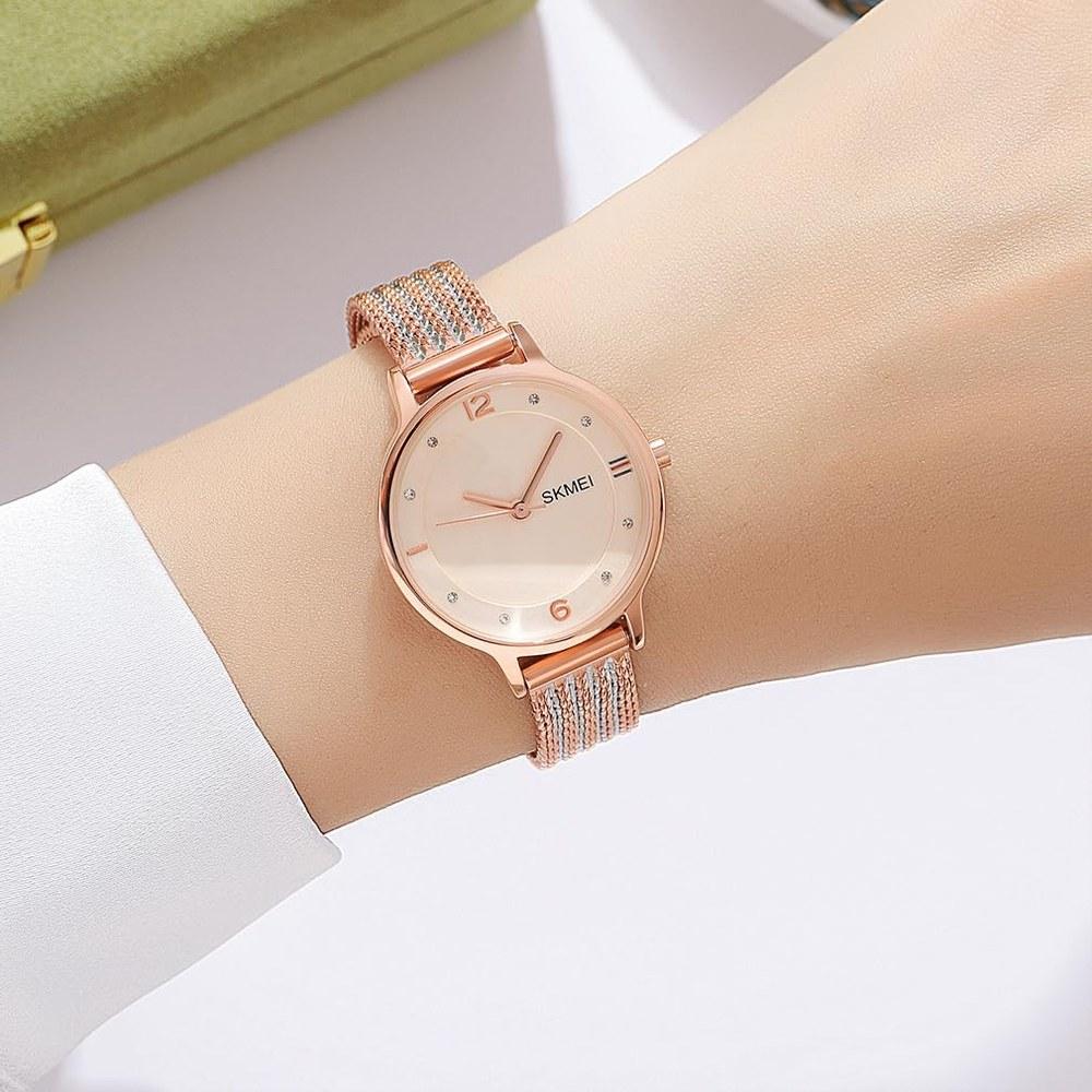 Skmei Women's Quartz Watch White Rose Gold Waterproof Mesh Stainless Steel Elegant Slim Business Style Gift