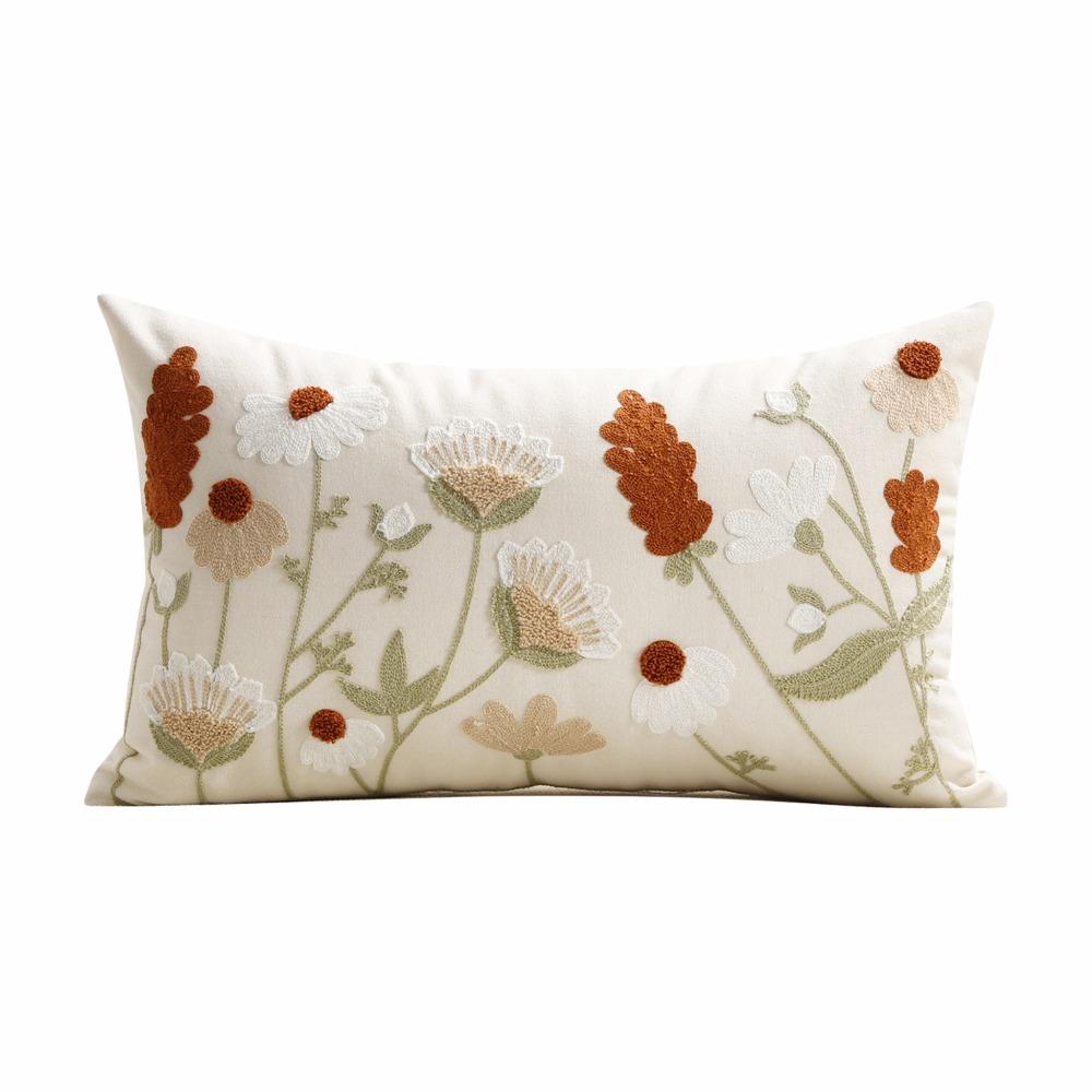 Pastoral Floral Embroidered Cushion Cover Canvas Throw Pillowcase Small Fresh Pillowslip  Bedroom Style A