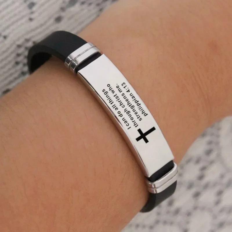 Cross Bible Christian Men Bracelet Adjustable Length Silicone Bangles Wristband Scripture Love Never Fails Male Jewelry