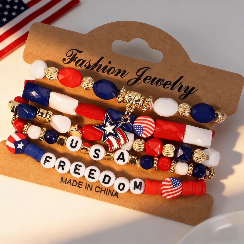 Independence Day Red, White & Blue Beaded Bracelet Set with Artificial Crystal & Polymer Clay