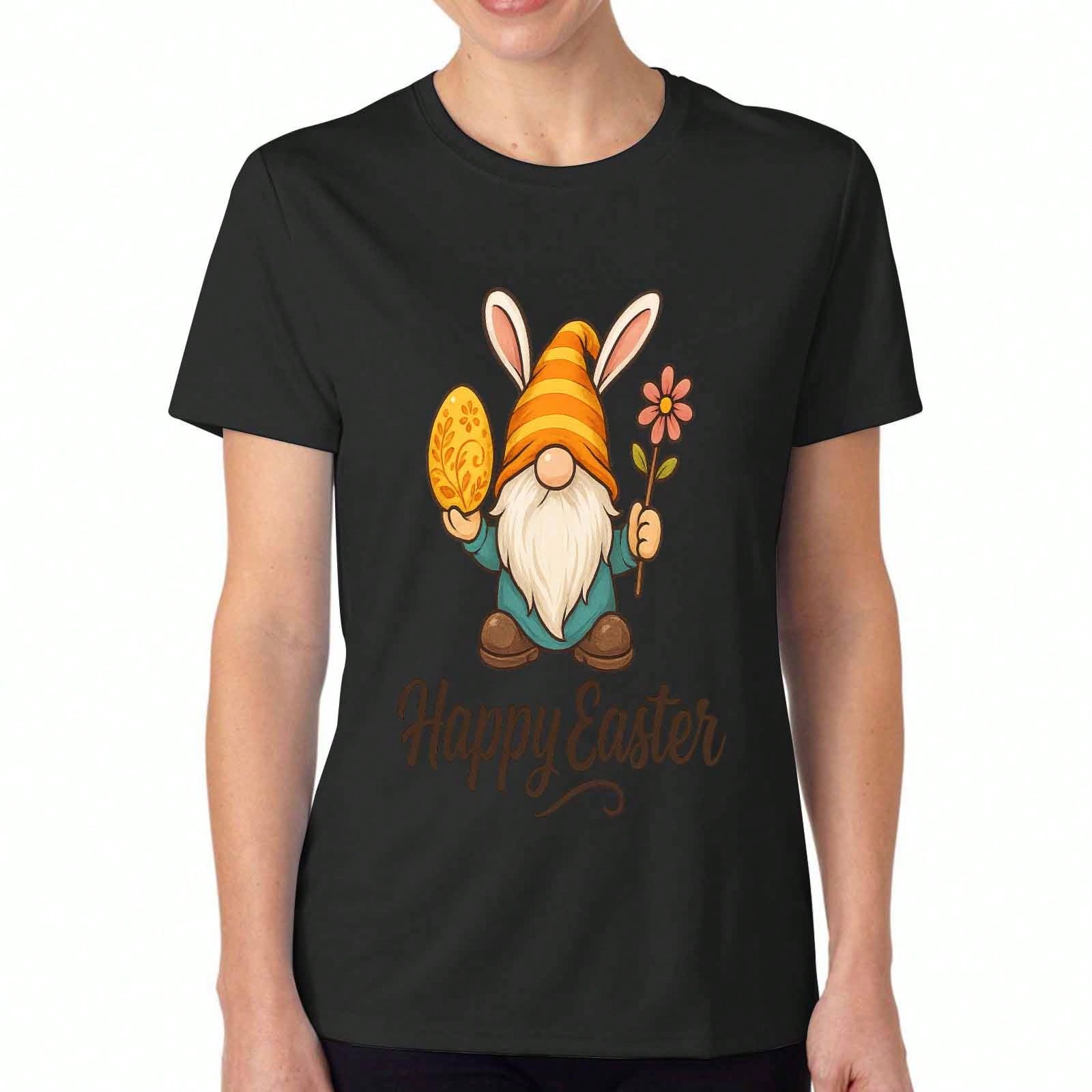 Happy Easter Cat Women s Cotton T Shirt, Premium Cotton Graphic, Durable, Casual Fashion. Easter Bunny Cat And Chick With Eggs Design, Perfect Gift Id S разноцветный