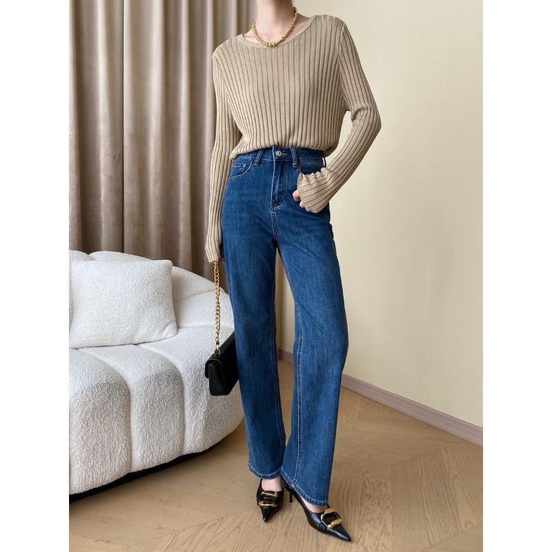 

Классические модные тонкие прямые и широкие джинсы с высокой талией ранней осени XL темно-синий