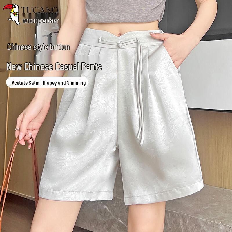 New Chinese Style Acetate Satin Wide-Leg Shorts for Women M