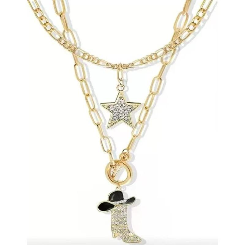 Simple Western Cowboy Hat Necklace - Unique Retro Trendy Denim Boot Pendant - Versatile Collar Chain