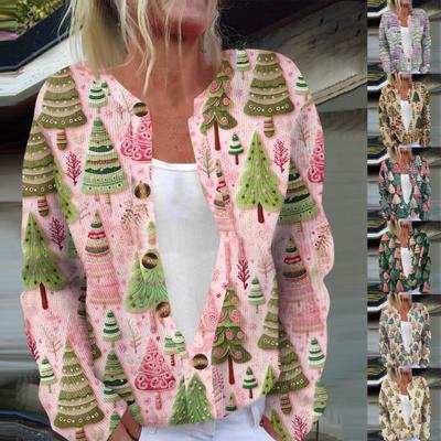 Women's Fashion Long Sleeve Christmas Christmas Tree  Snowflake Print Jacket Cardigan