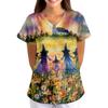 Women's V-Neck Short Sleeve Work Shirt with Pockets Halloween Print Scrub Top for Caregiver Uniform