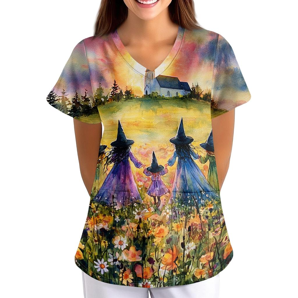 Women's V-Neck Short Sleeve Work Shirt with Pockets Halloween Print Scrub Top for Caregiver Uniform