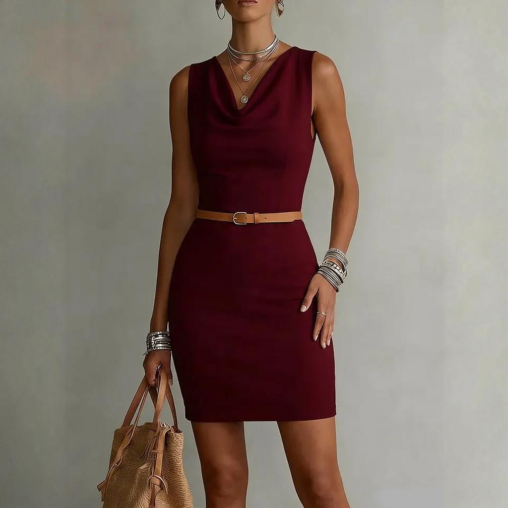 Abito casual da donna senza maniche, vestibilità aderente, con cintura, scollatura semplice, design tinta unita, adatto a varie occasioni