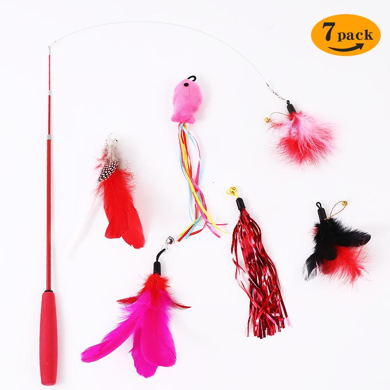 Steel Wire Feather & Fish Teaser Stick with Replacement Head for Cats