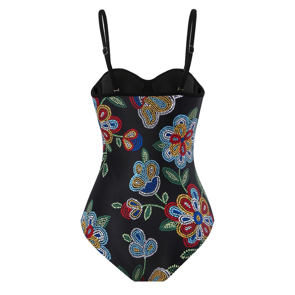 2024 Blue & White Floral Porcelain One-Piece Chiffon Skirt Bikini