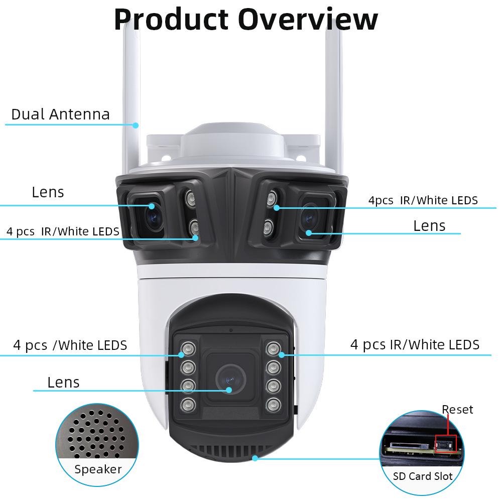 Icsee Wireless WiFi Surveillance Camera: HD, Full-Color Night Vision, Three-Screen, Remote Mobile Monitoring, Outdoor Use.