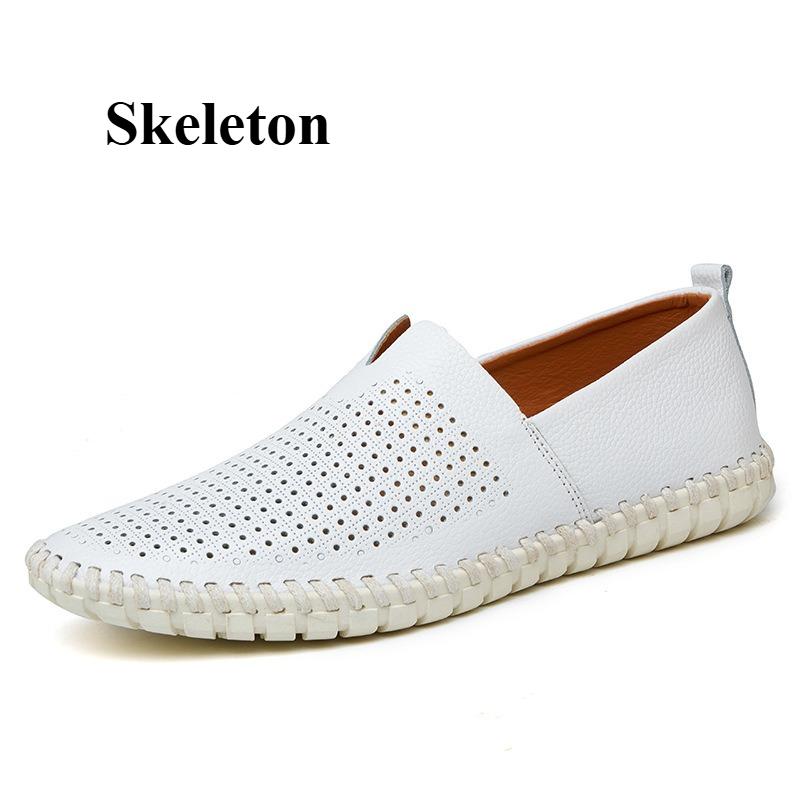 Men's Hollowed Out Leather Shoes Handmade Flat Moccasin Slip Into One Stirrup Casual Boat Shoes