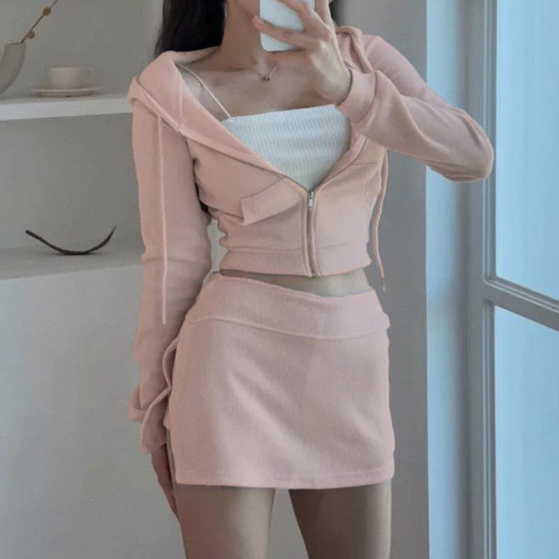 Korean Slim Sexy Cropped Hooded Cardigan & Low-Rise Skirt Set for Women