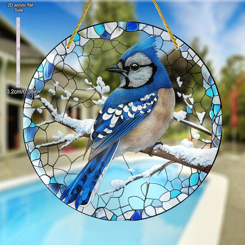 Charming Blue Jay Acrylic Sun Catcher - Winter Wonderland Window Hanging, Decorative Art for Home & Garden, Ideal Gift for Bird Enthusiasts & Nature L