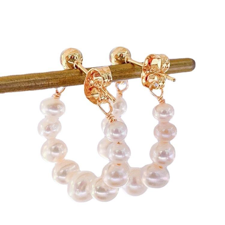Simple circle natural freshwater pearl stud earrings women's s911 silver needle light luxury high-end niche design earrings earrings