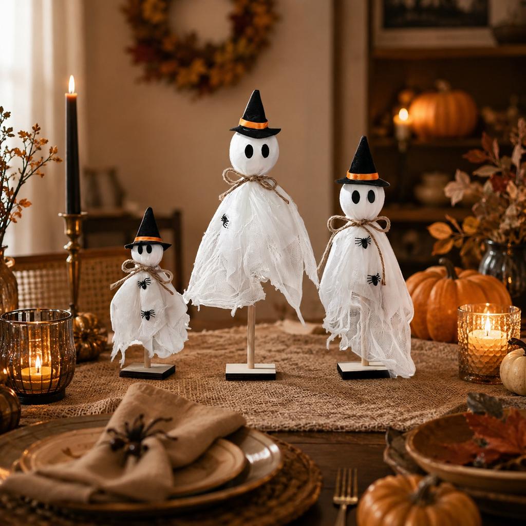 Halloween Wooden Decor Set - 3 Piece with Wooden Base for Holiday Home Decoration