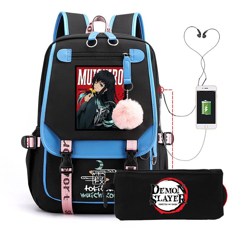 Casual Korean version schoolbag ghost extermination animation two-dimensional trend boys and girls USB backpack two-piece set