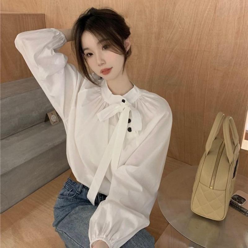 Solid Color Women's Shirt Stand Collar Bow Tie Fold Detail Diagonal Buckle Lantern Sleeves Blouse French Style Spring New Version Loose Women's Top