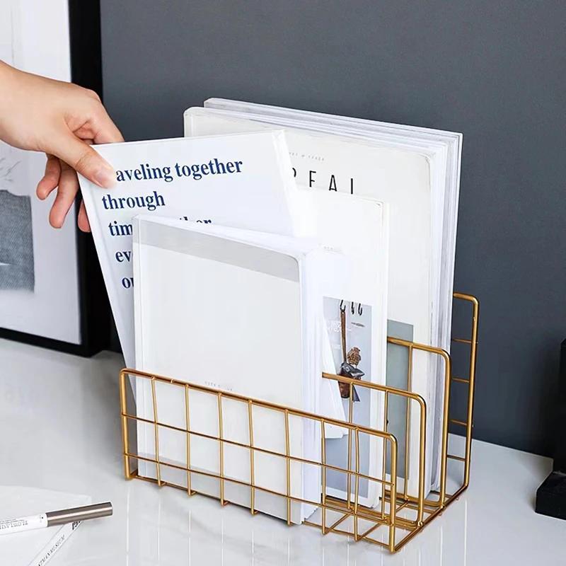 Nordic Metal Storage Basket Rose Gold Minimalist Book Organizer Basket Office Desktop Sundries Holder Newspaper Magazine Rack