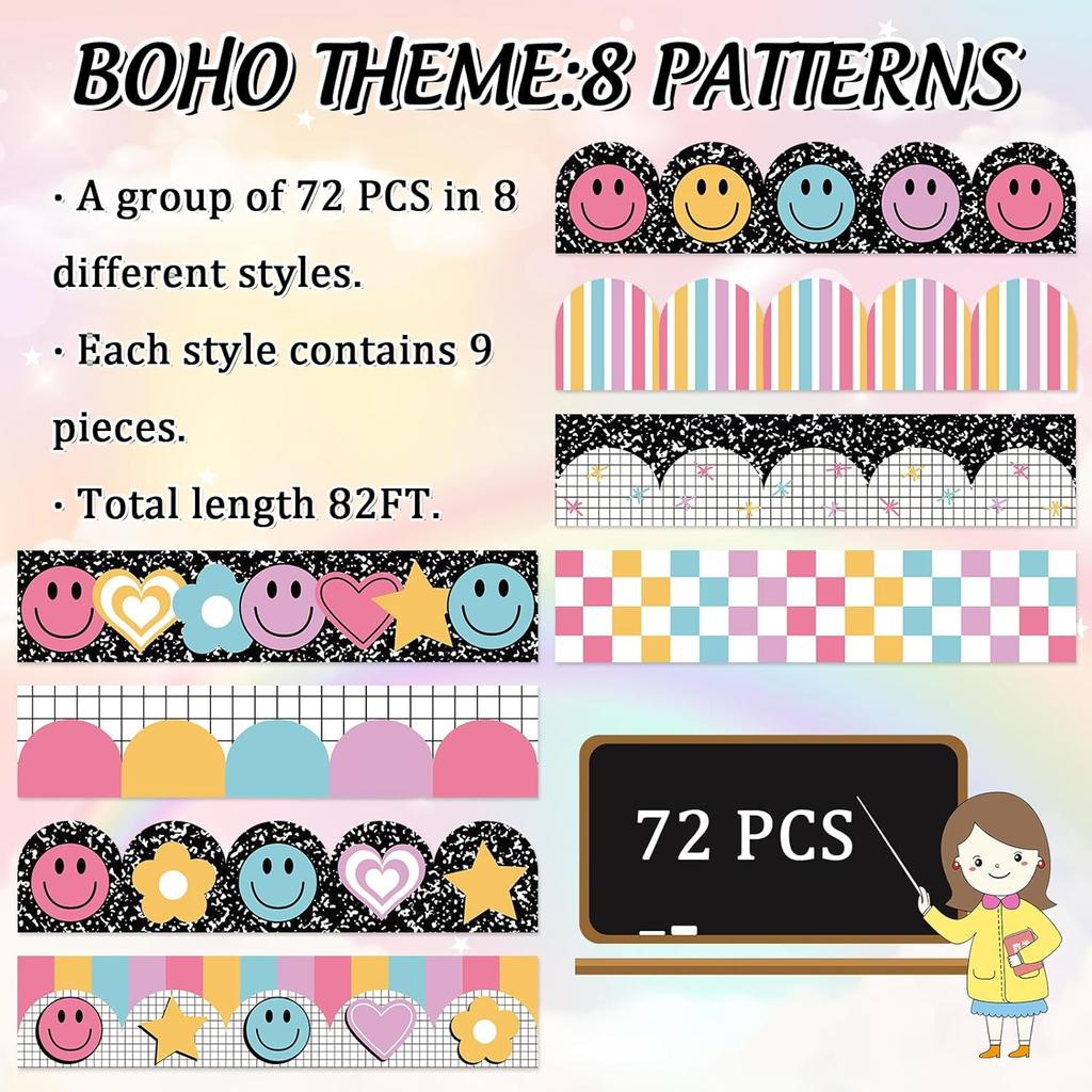 82Ft Bright Boho Bulletin Board Border Composition Smile Face Star Heart Plaid Stripe Adhesive Border Trim for Classroom Chalkboard Wall Decor