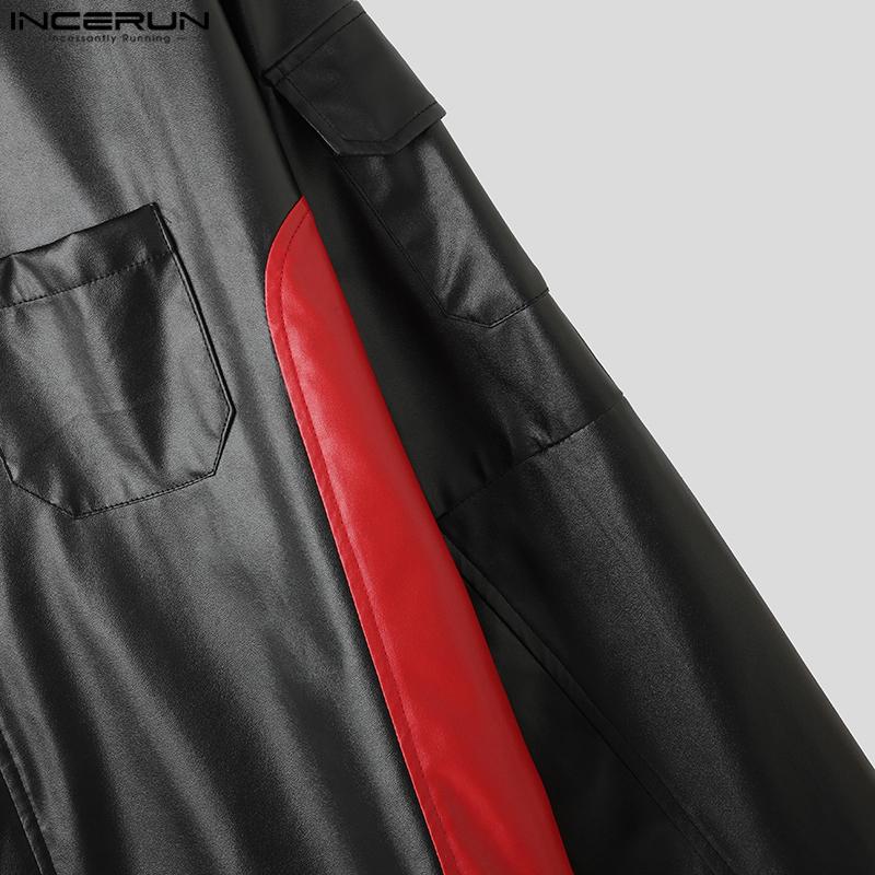 INCERUN Autumn Men Collarless Long Sleeve Zip-up PU Leather Casual Cropped Coats Jackets