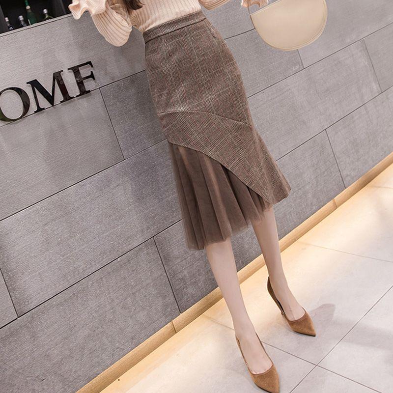 Women High Waist Plaid Bodycon Pencil Skirt Autumn Versatile Fish Tail Midi Skirt