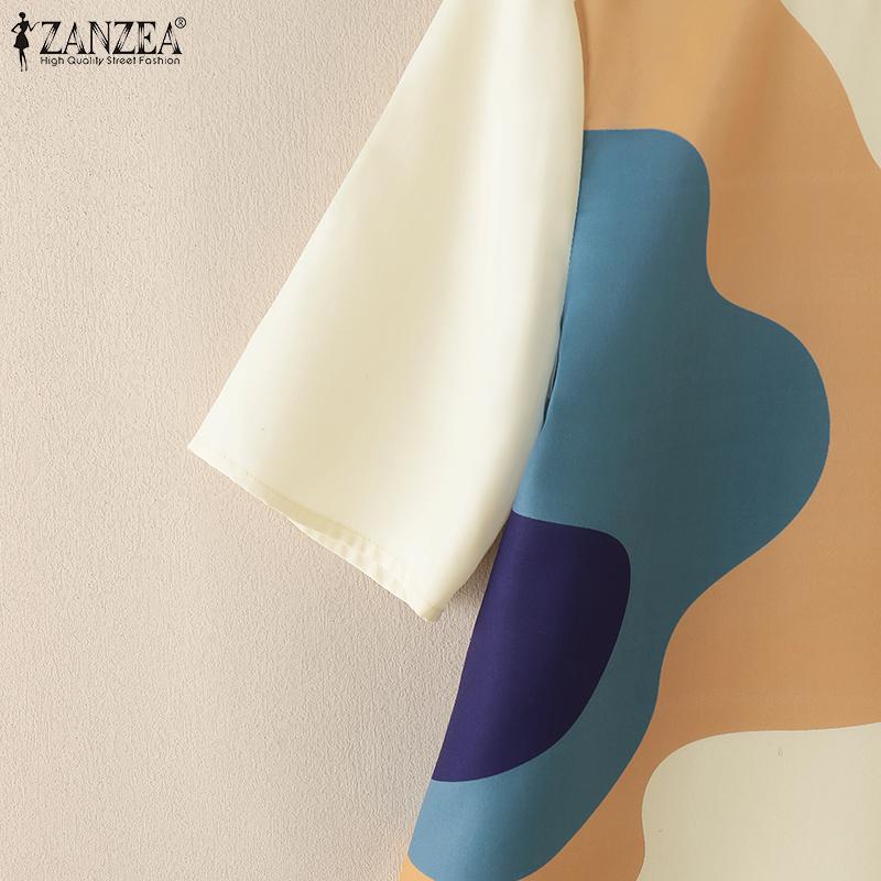 ZANZEA Women Summer Round Neck Short Sleeve Colorblock Blouses