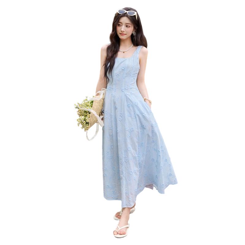 Women s French Style Embroidered Cotton A-Line Maxi Dress S синий
