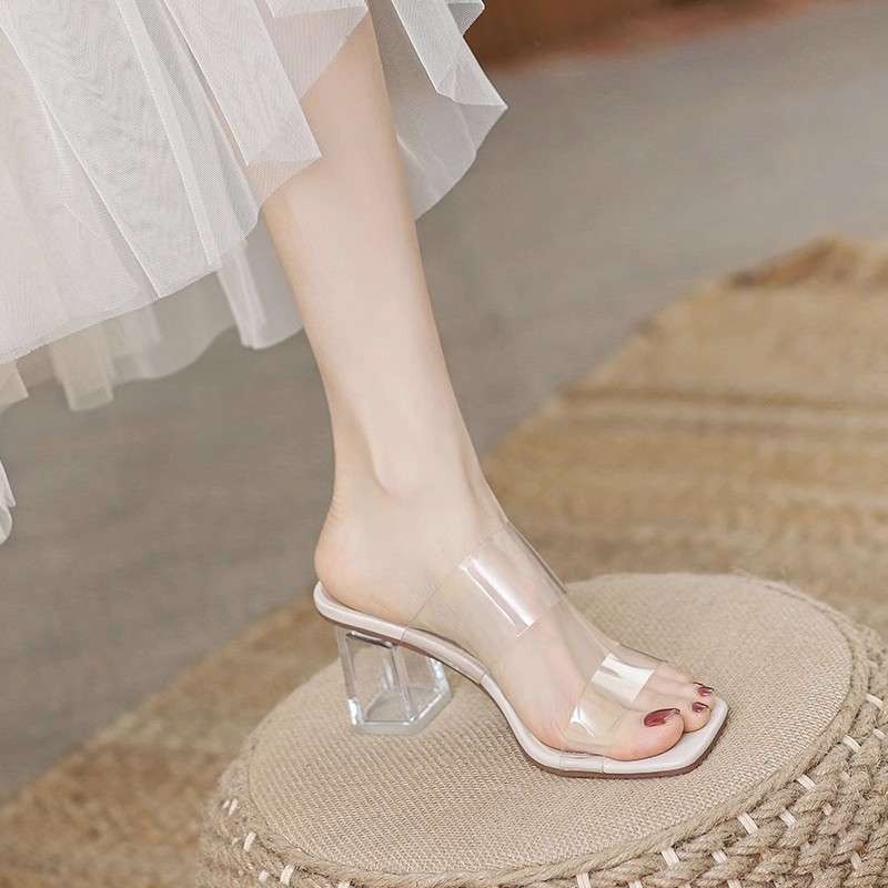 Sandals Women's Summer Flat Slippers 2025 New Low-heeled Fashion Transparent High-heeled Shoes Women's Cool Slippers