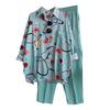 2 ks/sada Dámská košile Kalhoty Set Barevný potisk Klopa Dlouhý rukáv Jednořadá halenka Široká noha Volné Pružný pas Kalhoty Set Dámské Neformální