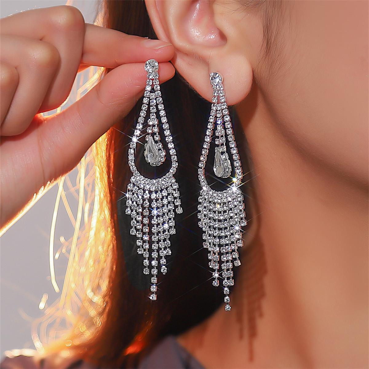 

European & American Luxury Full Diamond Tassel Long Earrings for Bride with Zircon Studs серебряный