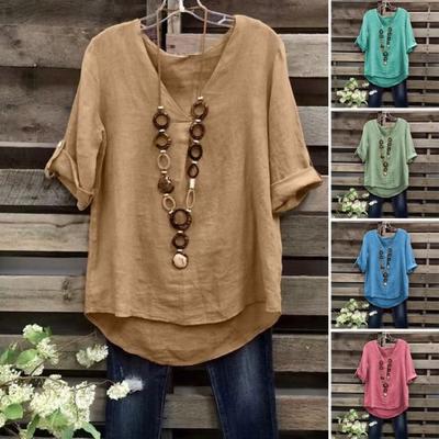 Women Tops V-neck Half Sleeve Loose Fit Pullover Tops Solid Color Commuter Basic Style Versatile Tee Shirt