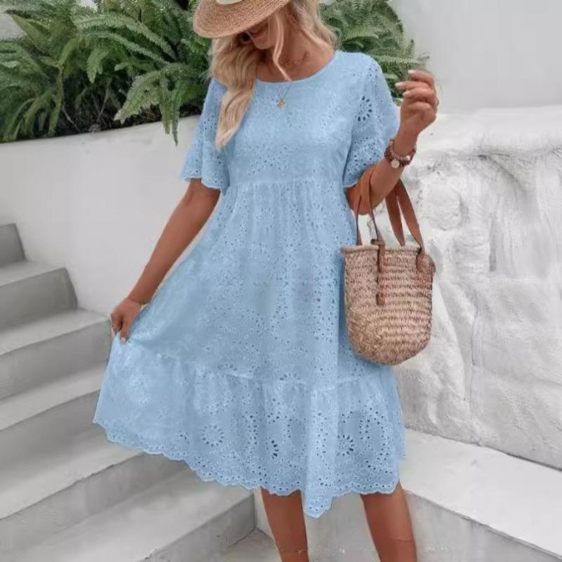 VEZFAA Moda damska Lato Wiosna Jednolity kolor Drukuj Krótki rękaw O-Neck Wysoka talia Casual Sukienki