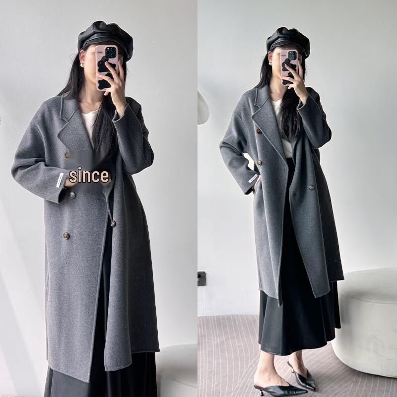 VICTORIA&VERA Women's Elegant Double-Breasted Mid-Length Wool Blend Coat