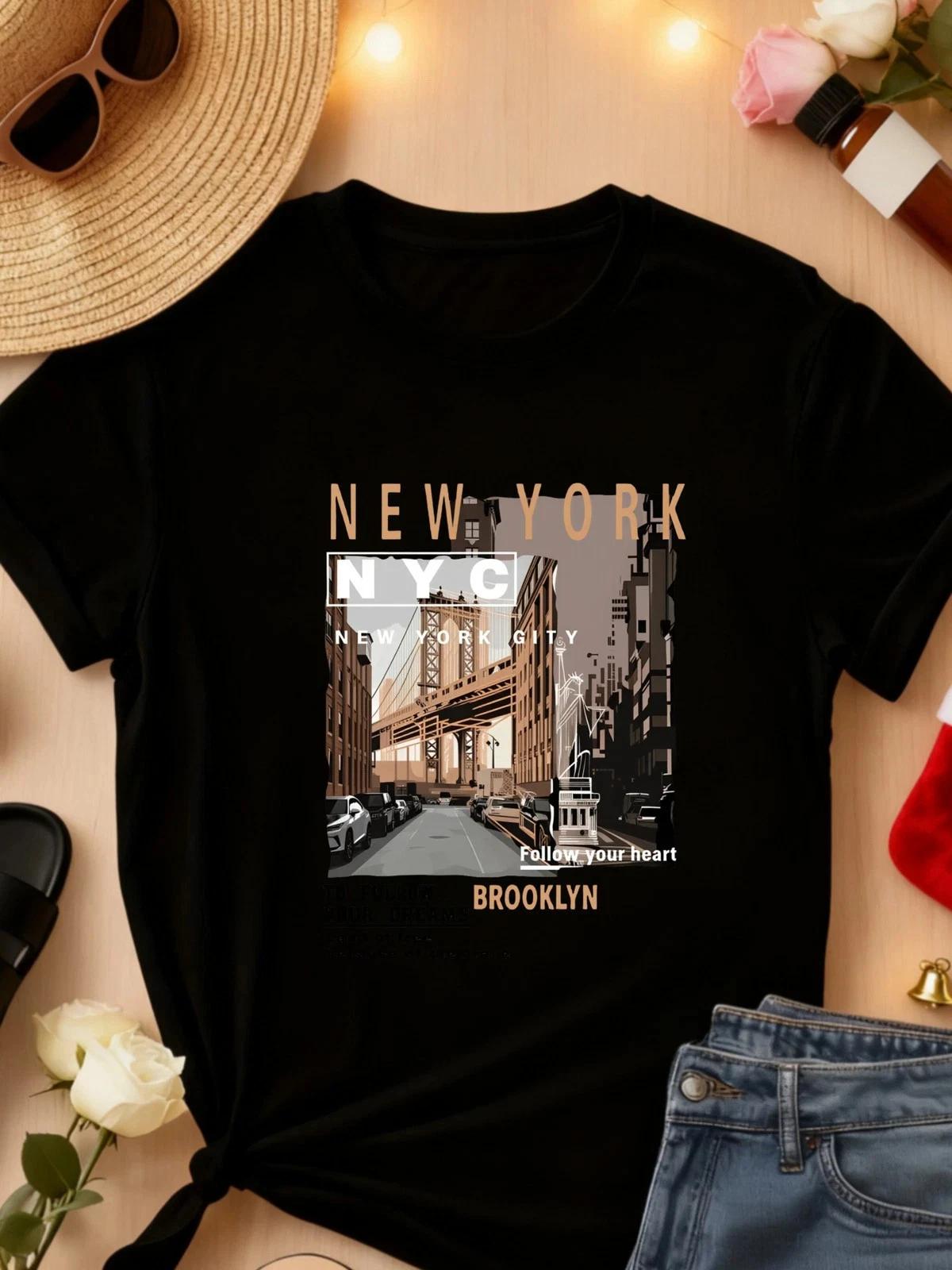 Women Brooklyn Bridge New York City Graphic T-Shirt NYC Travel Casual Tee Top L