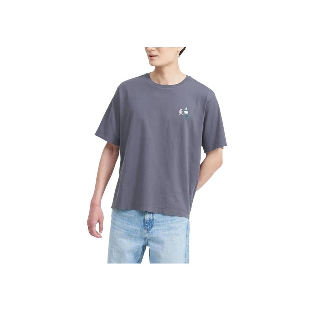 Uniqlo X Pop Mart Cartoon Anime Print Crew Neck T-Shirt Unisex Tops Dark-Gray 449367-08