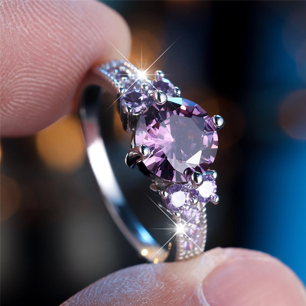 Cute Female Purple Zircon Round Stone Ring Silver Color Engagement Charm Wedding Jewelry For Women