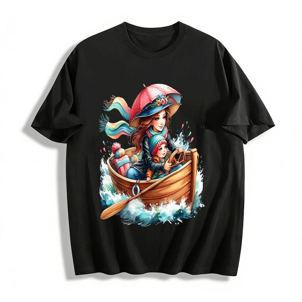 

Parent-Child Sailing Adventure Print Casual Top For All Ages Pure cotton T-shirt XXS