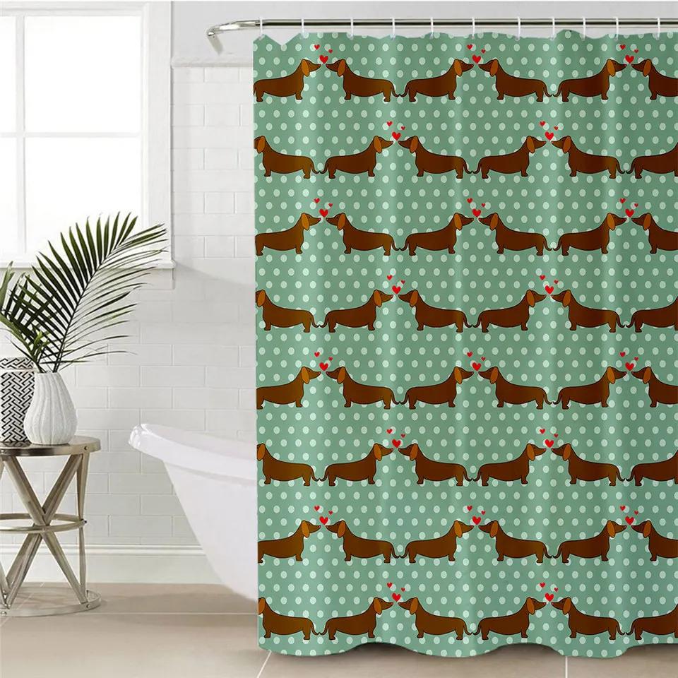Dachshund Cartoon Dog Shower Curtain Polyester Waterproof Curtain Geometric Striped Kids Bath Curtain Home Decor with 12 Hooks