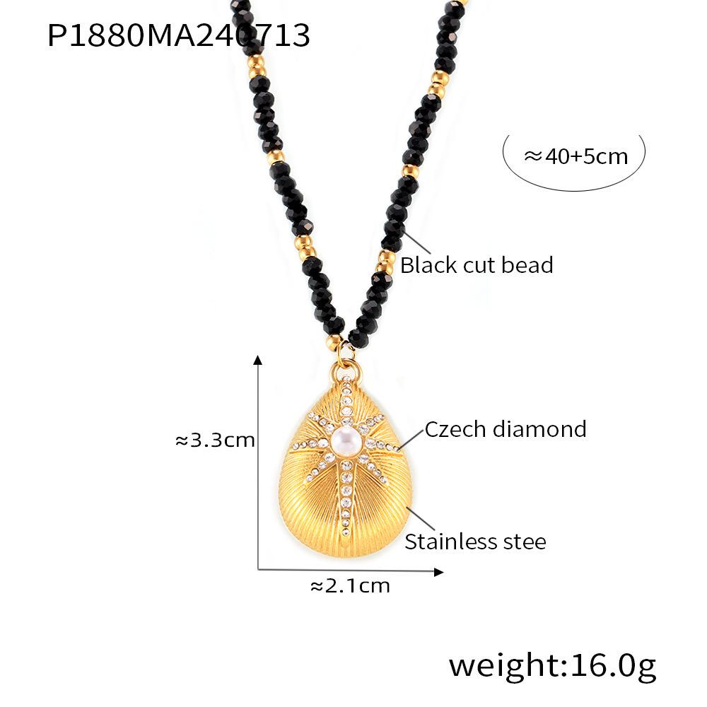 Stainless Steel French Style Black Faceted Bead Necklace with Eight-Point Star Diamond and Ocean Shell Texture Pendant
