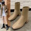 Fashion New Autumn Winter Style Thick Medium Heel Square Toe Short Boots for Women Knitted Simple Comfortable Daily  Women's Shoes