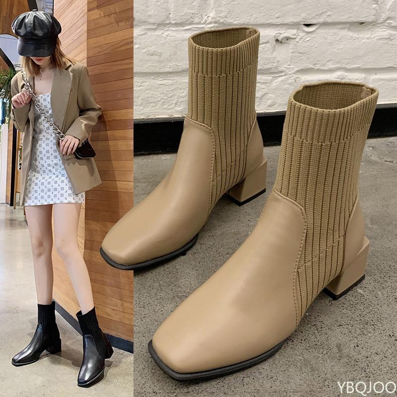 Fashion New Autumn Winter Style Thick Medium Heel Square Toe Short Boots for Women Knitted Simple Comfortable Daily  Women's Shoes