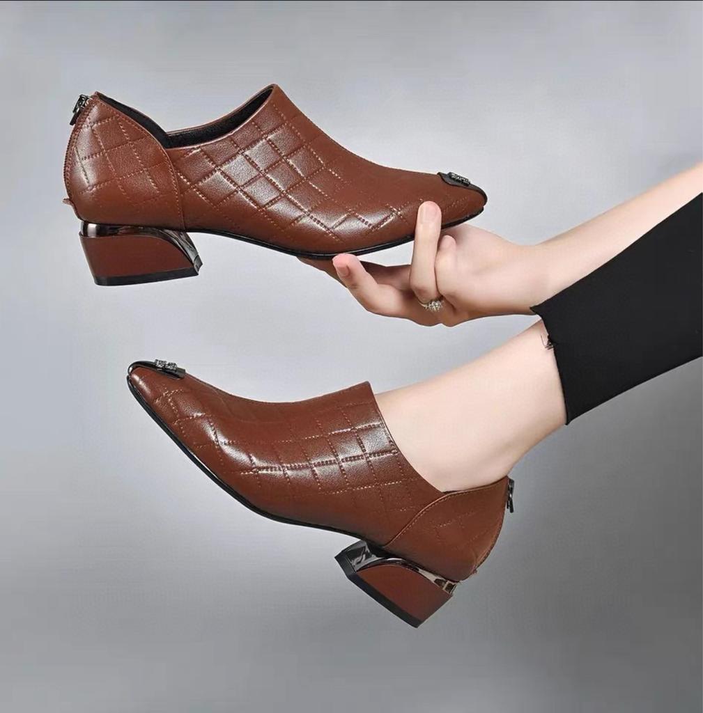 Ankle boots new small fragrant wind rhombus pattern iron bag pointed deep mouth women's shoes first layer cowhide temperament high heels