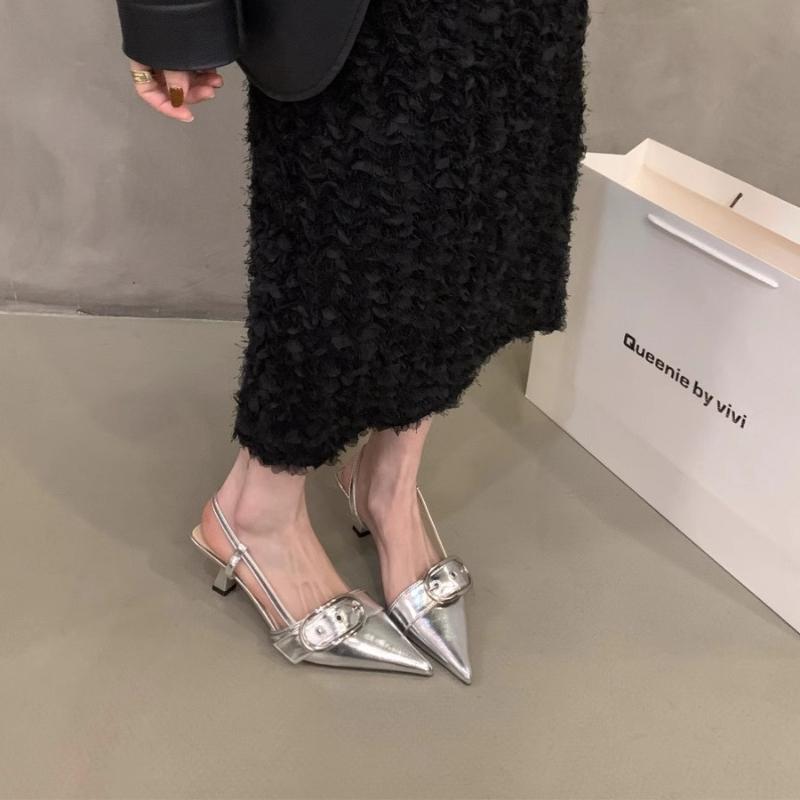 Female Slingbacks New Pumps Slides Women Heels Shoes 2025 Pointed Toe Footwear Fashion Metal Buckle Ladies High Heels Shoes