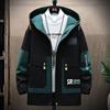 Jaquetas masculinas casuais com capuz, patchwork, casacos finos, top corta-vento, roupas de rua, tamanho grande