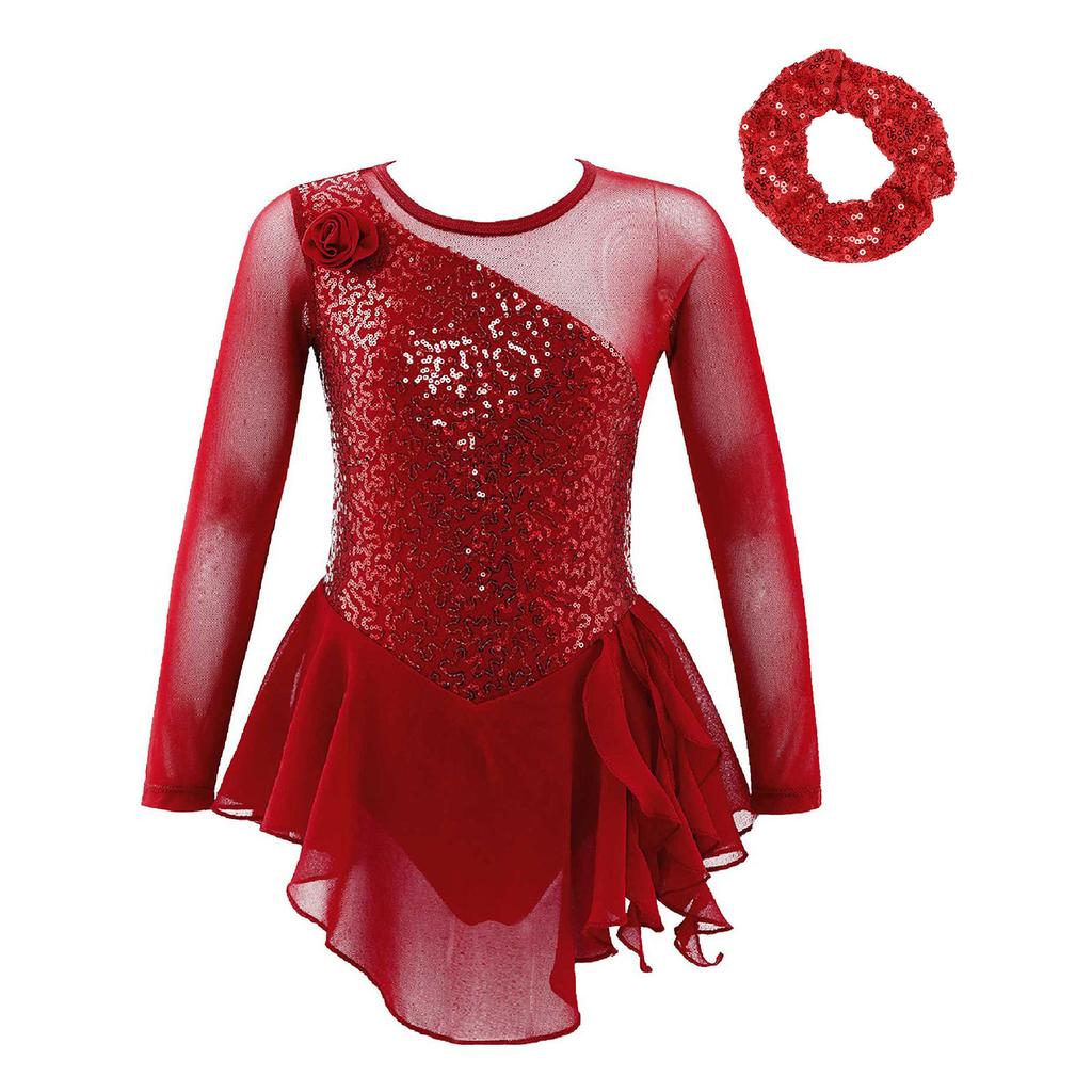 Vestido de Baile para Niñas Manga Larga Escote Redondo Decoración de Lentejuelas Flor Delantera Espalda Hueca Traje de Actuación