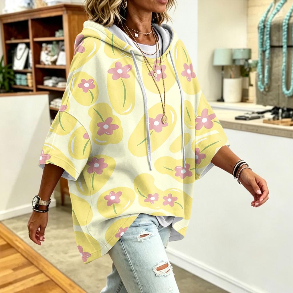 Damen Lockerer Print-Kapuzenpullover Lässiges Sweatshirt Top